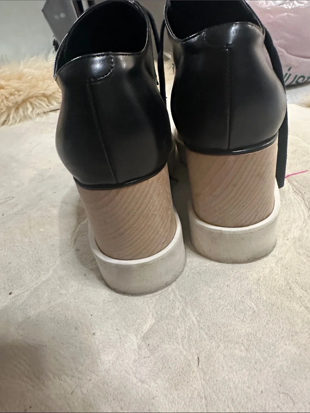 Stella McCartney Black Leather Platform Lace-Up Shoes with Wood-Look Midsole